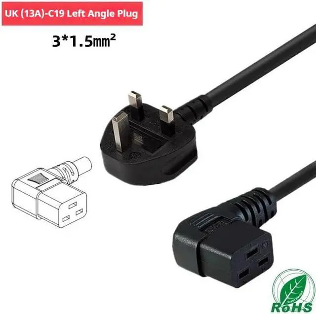 Alt view image 3 of 7 - UK to C19 Elbow Plug Power Cord, UK BS1363 to 90 Degree Left Angle IEC 320 C19 Power Cable Replacement, 16AWG, 3ft/1m