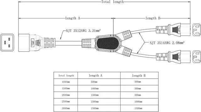 Alt view image 6 of 7 - IEC C20 to Dual C13 Y Splitter Heavy Duty Power Cord 12AWG, C20 to 2*C13 Y Split Multi IEC Cable, C19 Power Strip Dual Monitor Power Cable, UL Listed, Black, 3ft/1m