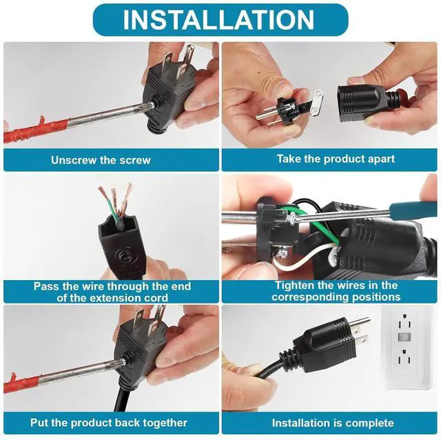 Alt view image 6 of 7 - (2 Pack) US 3 Prong Electrical Replacement Plugs Male End Extension Cord 125V 15A 2Pole 3Wire 2 Pole Male Straight Blade Plug Ground Neutral Generator Plug,3 Prong Power Cord