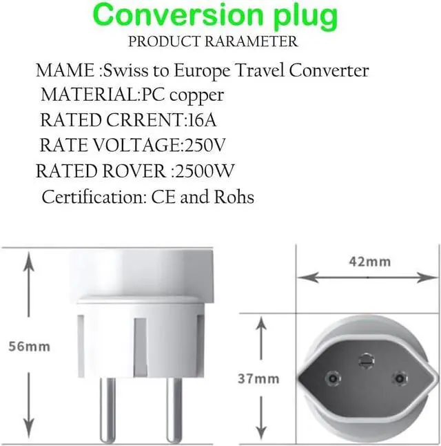 Alt view image 5 of 7 - (2 Pack) Switzerland to Europe Schuko Travel Plug Adapter, Type J to Type E/F European Plug Electrical Adapter, 13A 250V, EU Schuko CEE7/7 Male to Swiss Female Power Converter Black