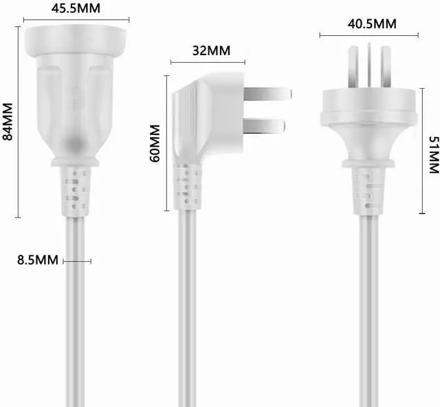 Alt view image 5 of 5 - AU Power Extension Cord, 3-Pin Autralia/New Zealand AS3112/NZS3112 Male to Female 90 Degree Angle Elbow Plug Power Extension Cable, 16AWG,8m/26ft White