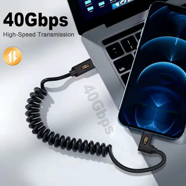 Alt view image 2 of 7 - 40Gbps USB C to USB C Coiled Cable for Thunderbolt 3,Right Angled USB Type c Male to Male Spiral Cable Support 8K@60Hz Video and 240W PD Fast Charging Cable for MacBook, Smartphone ,3ft/1m