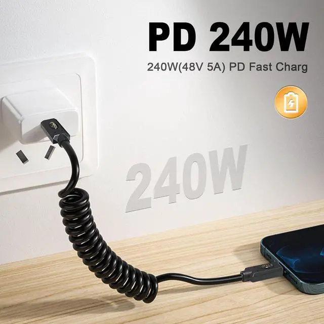 Alt view image 4 of 7 - 240W Coiled USB C to USB C for Thunderbolt 3, 40Gbps USB C to USB C Coiled Cable, USB Type C Male to Male Spiral Cable Support 8K@60Hz Video Compatible with MacBook Pro/Air, iPad Pro ,3ft/1m