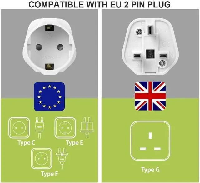 Alt view image 6 of 7 - (2-Pack) UK to Schuko Power Converter, UK BS1363 to European CEE7 Schuko Female Socket Electrical Adapter, Euro UK Plug Adapter Travel Converter, White