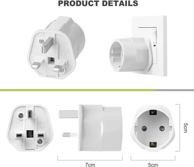 Alt view image 7 of 7 - (2-Pack) UK to Schuko Power Converter, UK BS1363 to European CEE7 Schuko Female Socket Electrical Adapter, Euro UK Plug Adapter Travel Converter, White