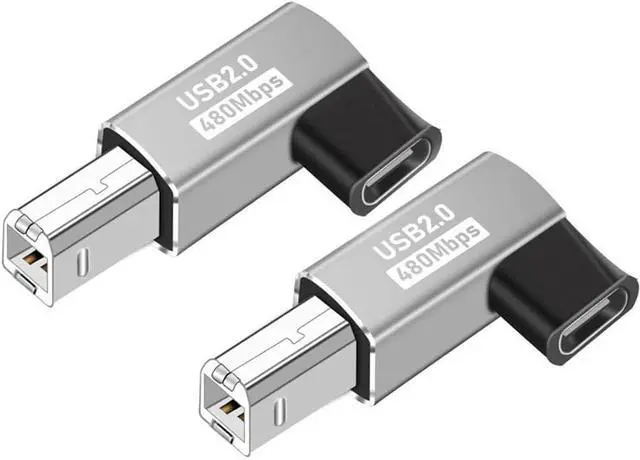 Main image of 2-Pack USB C to MIDI Elbow Adapter,90 Degree Angle USB Type C Female to USB B Male Printer Adapter Converter, for Printer MIDI Electric Piano Electronic Drum (Grey, Elbow)