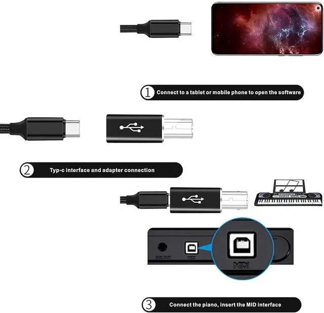 Alt view image 4 of 7 - 2-Pack USB C to MIDI Adapter,USB Type C Female to USB B Male Printer Adapter Converter, for Printer MIDI Electric Piano Electronic Drum (Black, Straight Plug)