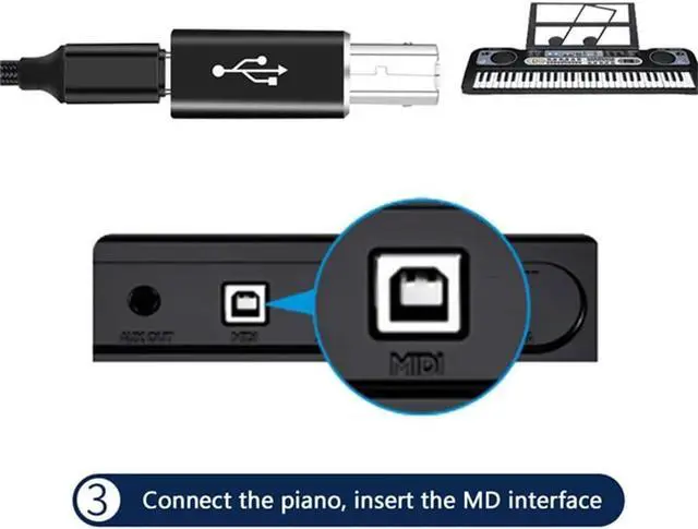Alt view image 6 of 7 - 2-Pack USB C to MIDI Adapter,USB Type C Female to USB B Male Printer Adapter Converter, for Printer MIDI Electric Piano Electronic Drum (Black, Straight Plug)
