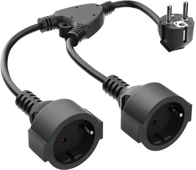 Main image of Europe Schuko 1-to-2 Outlet Y Splitter Power Extension Cord, Elbow Plug European CEE7/7 Male Plug to 2X Schuko Female Socket Y Split Cord, German Extension Cord Splitter, Black, 1ft/30cm