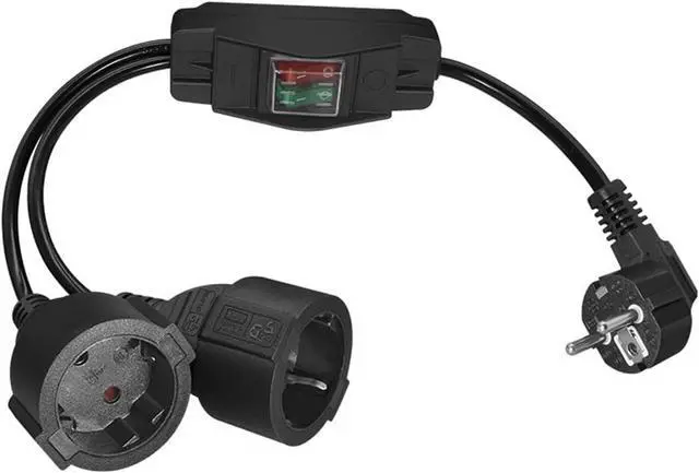 Main image of EU Europe Schuko 1 to 2 Outlet Power Y Splitter Euro Extension Cord with Switch, European CEE7/7 Male Plug to 2X Schuko Female Socket Y Split Power Cord with Switcher, Black, 1ft/30cm