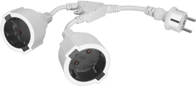 Main image of Europe Schuko 1 to 2 Outlet Y Splitter Short Power Cord 1 Foot, Euro Schuko CEE7/7 Male Plug to Dual Female Socket Y Split Power Extension Cable, European Power Strip, White, 1ft/30cm