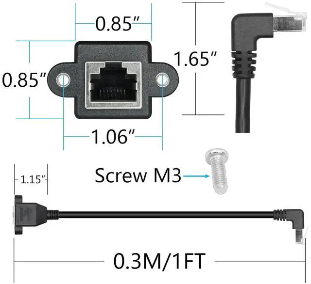 Alt view image 5 of 7 - 2 Pack Cat6 Shielded Ethernet Extension Cable, 90-Degree Up Angle RJ45 Male to Female Panel Mount with Screws, Compatible with Cat5e/Cat5 PC Laptop Router,1ft/30cm,Up Angle