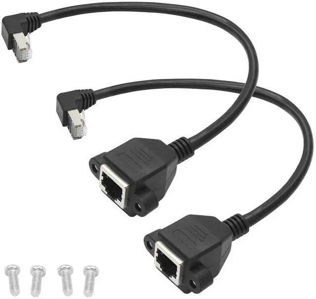 Main image of 2 Pack Cat6 Shielded Ethernet Extension Cable, 90-Degree Down Angle RJ45 Male to Female Panel Mount with Screws, Compatible with Cat5e/Cat5 PC Laptop Router,1ft/30cm Down Angle
