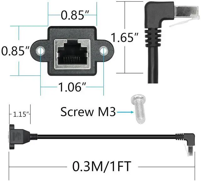 Alt view image 4 of 7 - 2 Pack Cat6 Shielded Ethernet Extension Cable, 90-Degree Down Angle RJ45 Male to Female Panel Mount with Screws, Compatible with Cat5e/Cat5 PC Laptop Router,1ft/30cm Down Angle