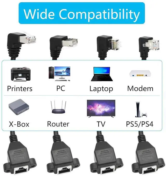 Alt view image 6 of 7 - 2 Pack Cat6 Shielded Ethernet Extension Cable, 90-Degree Down Angle RJ45 Male to Female Panel Mount with Screws, Compatible with Cat5e/Cat5 PC Laptop Router,1ft/30cm Down Angle
