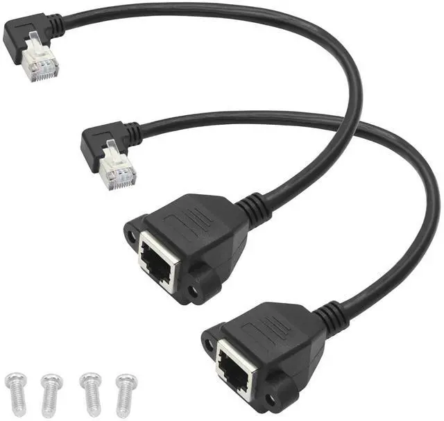 Main image of 2 Pack Cat6 Shielded Ethernet Extension Cable, 90-Degree Right Angle RJ45 Male to Female Panel Mount with Screws, Compatible with Cat5e/Cat5 PC Laptop Router,1ft/30cm Right Angle