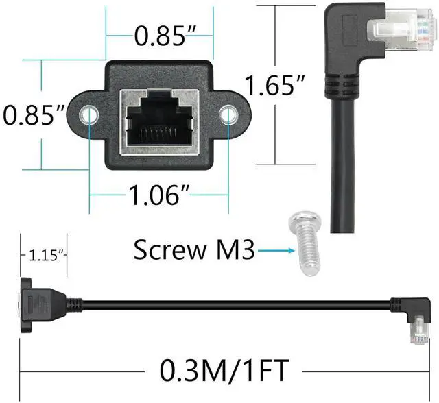 Alt view image 7 of 7 - 2 Pack Cat6 Shielded Ethernet Extension Cable, 90-Degree Right Angle RJ45 Male to Female Panel Mount with Screws, Compatible with Cat5e/Cat5 PC Laptop Router,1ft/30cm Right Angle
