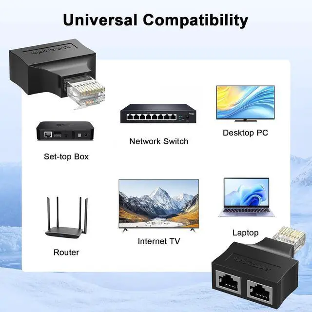 Alt view image 6 of 7 - RJ45 Ethernet Splitter,Ethernet Netork Adapter 1 Male to 2 x Female Super Cat6 LAN Network Adapter Cable Splitter Adopter Suitable Super Cat5,Cat5e,Cat6,Cat7,Cat 8 Socket Connector One Internet