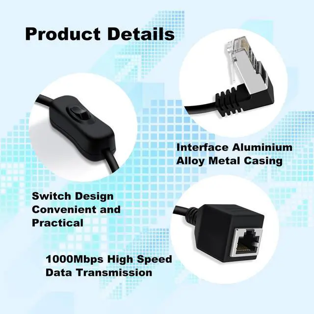Alt view image 6 of 7 - Cat 6 Male to Female Ethernet Extension Cable with Switch 1000Mbps RJ45 Extension Cable Male Female for Laptop,PC,Router and MC ,Down Angle,2ft/60cm