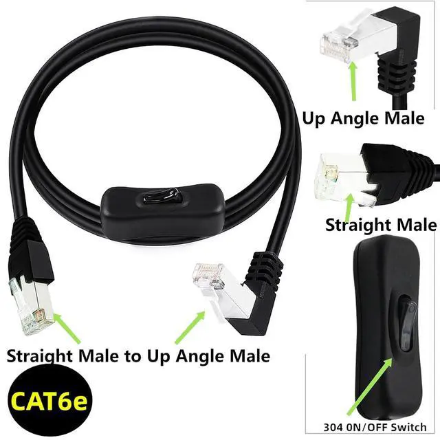 Alt view image 3 of 5 - Cat6 Ethernet Cable with On/Off Switch, RJ45 Male to Male Internet Network Cord, High Speed, 90 Degree Up Angle RJ45 M/M Cable with Switch,2ft/60cm
