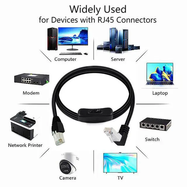 Alt view image 4 of 5 - Cat6 Ethernet Cable with On/Off Switch, RJ45 Male to Male Internet Network Cord, High Speed, 90 Degree Up Angle RJ45 M/M Cable with Switch,2ft/60cm