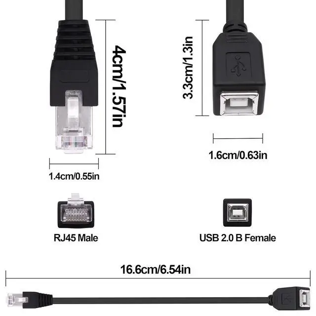 Alt view image 2 of 7 - 2 Pack USB 2.0 B to RJ45 Adapter Connector Cable USB Type B Female Jack to RJ45 Ethernet Male Printer Extension Cable for Scanner HDD ,0.5ft/15cm