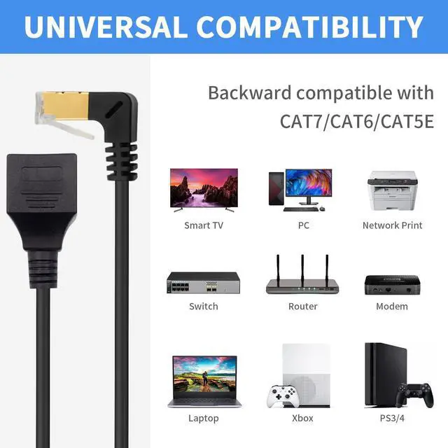 Alt view image 4 of 7 - 90 Degree Down Angle Cat8 Ethernet Cable, High Speed 40Gbps 2000Mhz Network Cord, with Gold Plated Plug SFTP Wires CAT8 RJ45 Connector Gaming LAN Cable,for Gaming PC PS Xbox Modem,1ft/0.3m