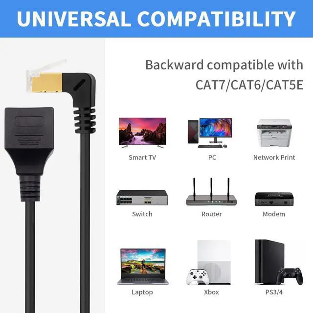Alt view image 6 of 7 - 90 Degree Up Angle Cat8 Ethernet Cable, High Speed 40Gbps 2000Mhz Network Cord, with Gold Plated Plug SFTP Wires CAT8 RJ45 Connector Gaming LAN Cable,for Gaming PC PS Xbox Modem,1ft/0.3m
