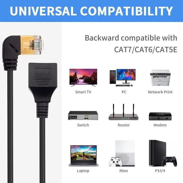 Alt view image 6 of 7 - 90 Degree Right Angle Cat8 Ethernet Cable, High Speed 40Gbps 2000Mhz Network Cord, with Gold Plated Plug SFTP Wires CAT8 RJ45 Connector Gaming LAN Cable,for Gaming PC PS Xbox Modem,1ft/0.3m