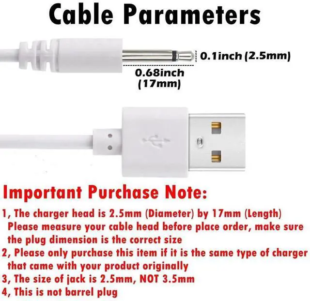 Alt view image 4 of 6 - Replacement DC Charging Cable, USB to DC 2.5mm Fast Charger Cord Adapter - 2.5mm (This is NOT Barrel Jack),4ft/1.2m,White Straight