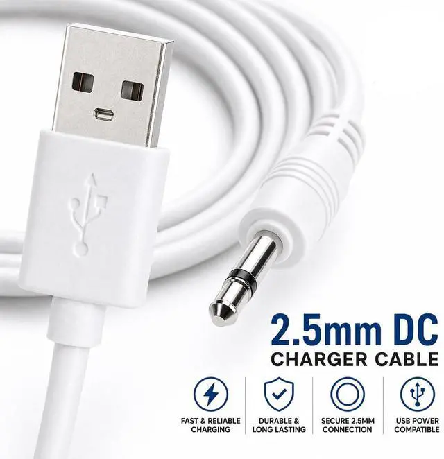 Alt view image 6 of 6 - Replacement DC Charging Cable, USB to DC 2.5mm Fast Charger Cord Adapter - 2.5mm (This is NOT Barrel Jack),4ft/1.2m,White Straight