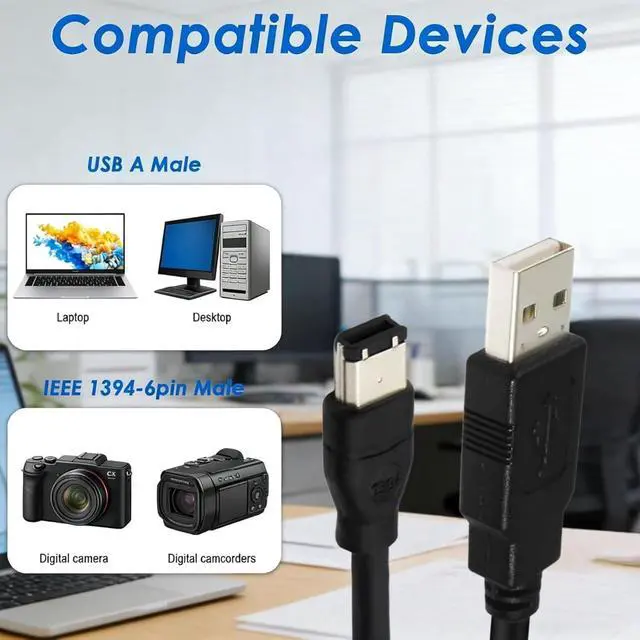 Alt view image 7 of 7 - Firewire to USB Adapter Cable IEEE 1394 Male 6-Pin to USB 2.0 Male Converter Firewire 400 1394-a to USB A Connector Cord for Hard Disk Printer Scanner