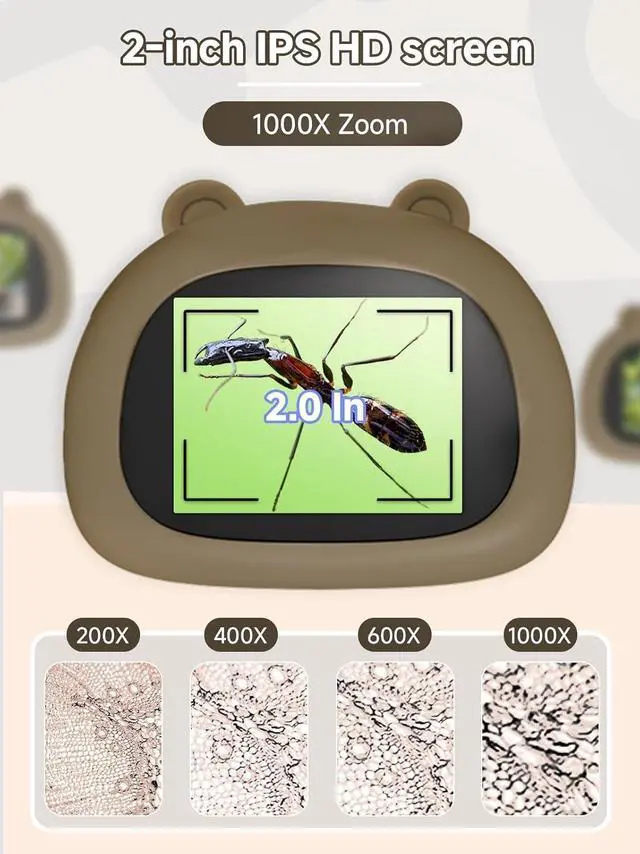 Alt view image 4 of 7 - Microscope for Kids, 1000X Handheld Digital Miniscope with 2.0" Screen, Portable Pocket Microscope Education Toys Birthday Gifts for Age 3 4 5 6 7 8 9 10 Girls Boys ,Brown