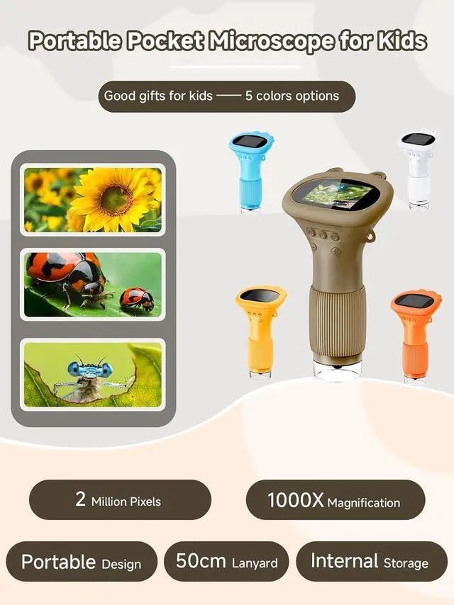Alt view image 6 of 7 - Microscope for Kids, 1000X Handheld Digital Miniscope with 2.0" Screen, Portable Pocket Microscope Education Toys Birthday Gifts for Age 3 4 5 6 7 8 9 10 Girls Boys ,Brown