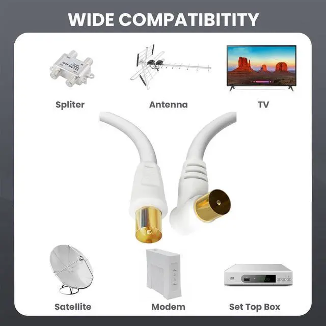 Alt view image 3 of 7 - Satellite Cord RF TV Antenna Closed-Circuit Lead Cable,RG59U cable 9.5mm TV Adapter Cord Coaxial TV Cable,for Satellite TV, Cable Modem, Set-top Box Gold Plated,Straight to Elbow 1.6ft/0.5m