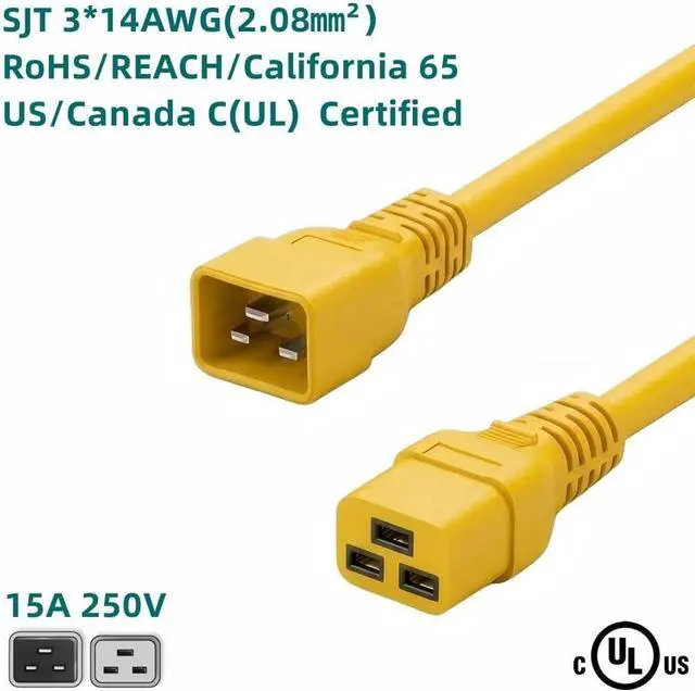 Alt view image 4 of 7 - IEC C19 to C20 Power Cord Plug,Heavy-Duty Computer Power Cord PC, Yellow Color-Coded Connectors,IEC C20 to C19 Power Cable Replacement,14AWG ,Yellow,16ft/5m