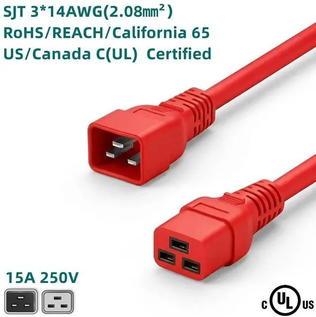 Alt view image 5 of 7 - IEC C19 to C20 Power Cord Plug,Heavy-Duty Computer Power Cord PC, Red Color-Coded Connectors,IEC C20 to C19 Power Cable Replacement,14AWG ,Red 6ft/1.8m