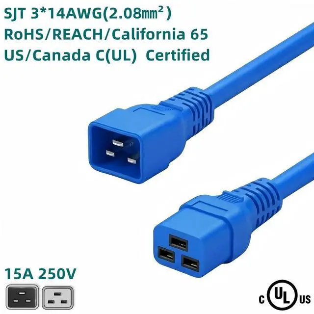 Alt view image 3 of 7 - IEC C19 to C20 Power Cord Plug,Heavy-Duty Computer Power Cord PC, Blue Color-Coded Connectors,IEC C20 to C19 Power Cable Replacement,14AWG ,Blue 3ft/1m