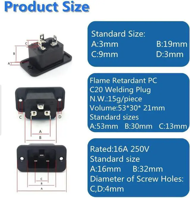 Alt view image 6 of 7 - (3 Pack) DIY Rewireable Power Plug C20 Connector with Mounting Holes Adapter, IEC C20 Male Plug with Screw Holes AC 250V 16A 3 Pins Inlet Module Power Connector Socket Straight