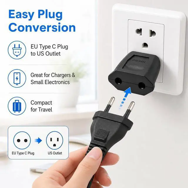 Alt view image 3 of 7 - (5 Pack) EU to US Plug Adapter European to US Travel Adapter Power Converter, Euro US Plug Adapter Electrical Adapter, Wall Plug Converter, 4.0mm Hole ,Black, Style 1