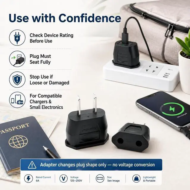 Alt view image 5 of 7 - (5 Pack) EU to US Plug Adapter European to US Travel Adapter Power Converter, Euro US Plug Adapter Electrical Adapter, Wall Plug Converter, 4.0mm Hole ,Black, Style 1