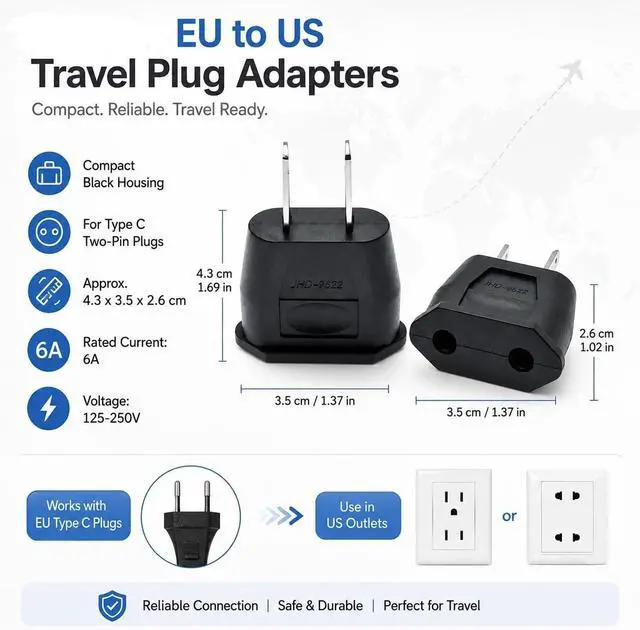 Alt view image 6 of 7 - (5 Pack) EU to US Plug Adapter European to US Travel Adapter Power Converter, Euro US Plug Adapter Electrical Adapter, Wall Plug Converter, 4.0mm Hole , White Style 1