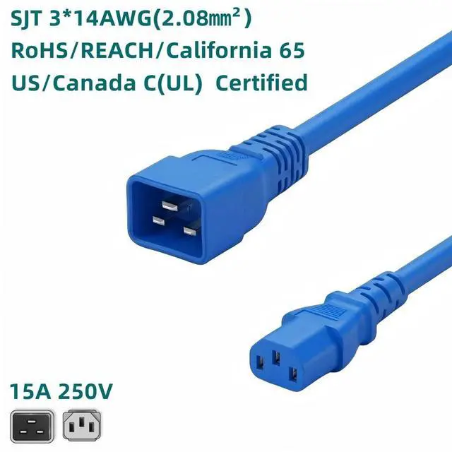 Alt view image 2 of 7 - IEC C20 to C13 Heavy Duty Power Cord Plug, Blue Color-Coded Connectors IEC 60320 C20 Male to C13 Female Computer Powe Cord Replacement,14AWG,3ft/1m,Blue