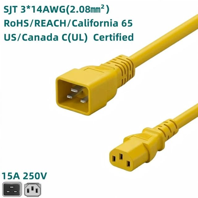 Alt view image 2 of 7 - IEC C20 to C13 Heavy Duty Power Cord Plug, Yellow Color-Coded Connectors IEC 60320 C20 Male to C13 Female Computer Powe Cord Replacement,14AWG,3ft/1m,Yellow
