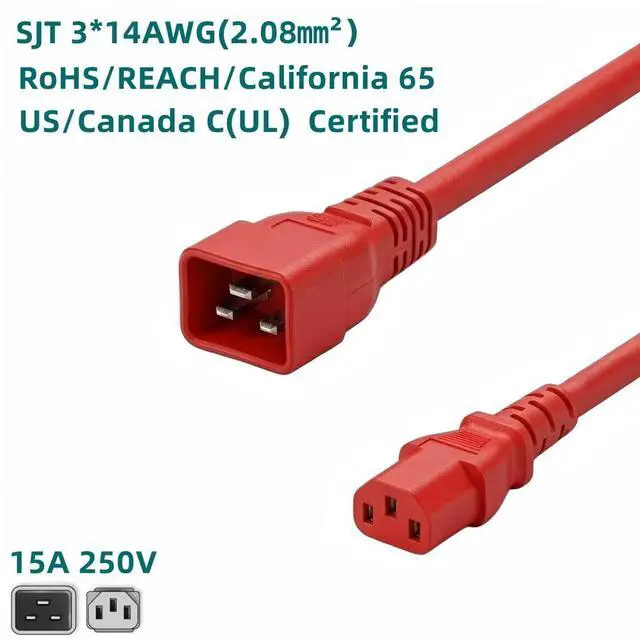Alt view image 2 of 7 - IEC C20 to C13 Heavy Duty Power Cord Plug, Red Color-Coded Connectors IEC 60320 C20 Male to C13 Female Computer Powe Cord Replacement,14AWG, 10ft/3m, Red