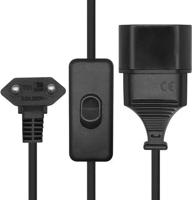 Alt view image 3 of 7 - 2-Pin EU Extension Cord with Switch, Toptekis Euro EU4.0mm 2-Prong Power Cord Cable VDE Bend Angle 90 Degree Elbow Plug Male to Female European Extension Cable ,18AWG, Black, 6ft/2m