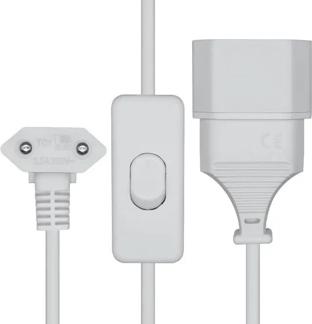Alt view image 4 of 7 - 2-Pin EU Extension Cord with Switch, Toptekis Euro EU4.0mm 2-Prong Power Cord Cable VDE Bend Angle 90 Degree Elbow Plug Male to Female European Extension Cable ,18AWG, White 1ft/0.3m