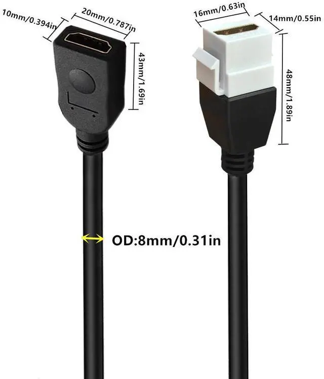 Alt view image 3 of 7 - 4K HDMI Keystone Jack Cable, 4K Female to Female HDMI Pigtail Cable, Keystone Wall Plate Pigtail Video Extension Cord Snap-in Connector Support 3D, 4K@60hz,8in/20cm