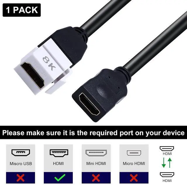 Alt view image 2 of 7 - 8K HDMI Keystone Jack Pigtail Cable, 48Gbps HDMI 2.1 Keystone Pigtail Cable Female to Female Video Extension Snap-in Connector for White Wall Plate 8K, 4K@60Hz, 8in/20cm