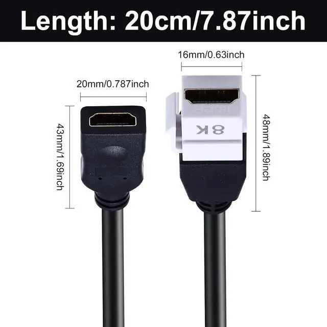 Alt view image 3 of 7 - 8K HDMI Keystone Jack Pigtail Cable, 48Gbps HDMI 2.1 Keystone Pigtail Cable Female to Female Video Extension Snap-in Connector for White Wall Plate 8K, 4K@60Hz, 8in/20cm